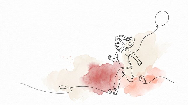 Minimalist Continuous Line Drawing of a Happy Child Running Joyfully with a Balloon on a Soft Watercolor Background