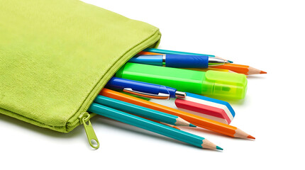 Fototapeta premium Lime green pencil case with colorful school supplies spilling out on white background