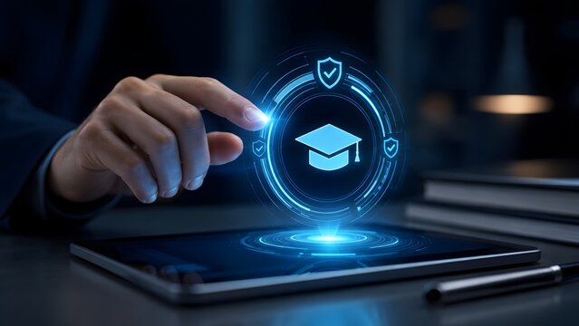 Hand touching a tablet displaying a secure online education hologram with graduation cap and shield icons. Safe e-learning and digital certification concept.