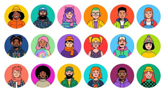 Diverse Collection of Colorful Avatar Icons Representing Different People and Personalities in Flat Illustration Style