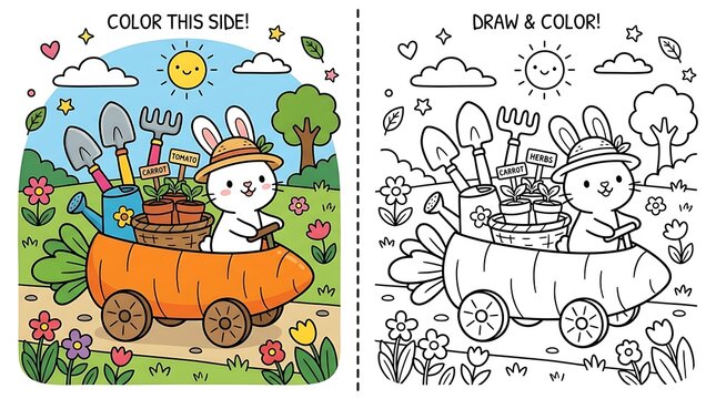 Coloring book page with cartoon rabbit and train.
