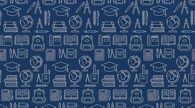 Seamless education pattern with white thin line icons on a dark blue background.