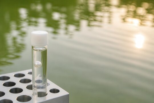 Water quality testing vial by calm reflective lake surface