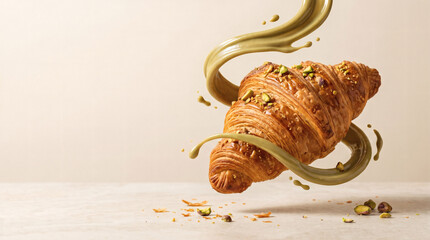 Golden buttery croissant floating with swirling green pistachio cream sauce and crushed nuts for bakery menu dessert advertising food concept studio shot