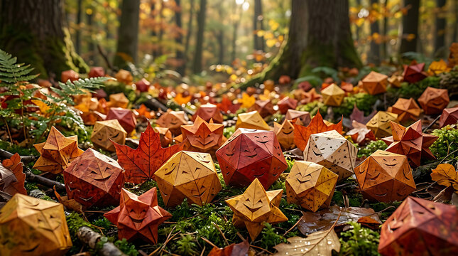 Orange papercraft polygon pumpkins placed on mossy ground in an autumn forest