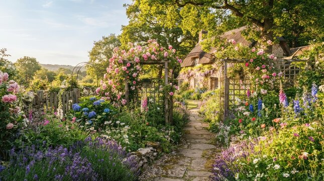 A charming cottage is nestled in a vibrant garden overflowing with colorful flowers.