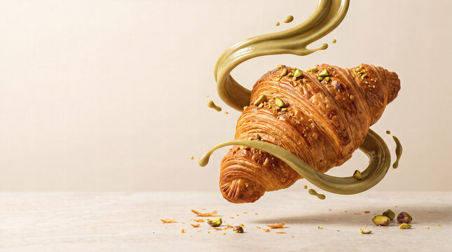 Golden buttery croissant floating with swirling green pistachio cream sauce and crushed nuts for bakery menu dessert advertising food concept studio shot