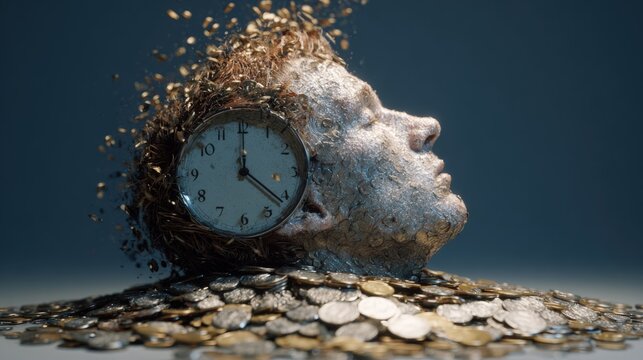 Head time clock coins decay concept