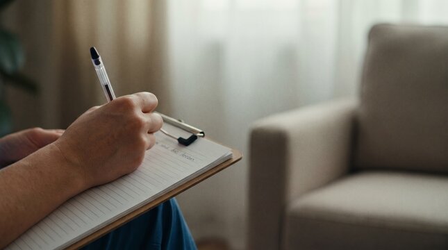 Close up side view of a person writing notes on a clipboard during a professional therapy or counseling session in a quiet home office setting