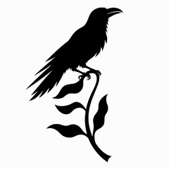 Obraz premium Silhouette illustration of a raven perched on a branch with silhouette wildlife illustration