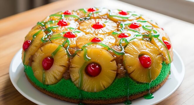 Vibrant green pineapple upside down cake with bright red cherries.