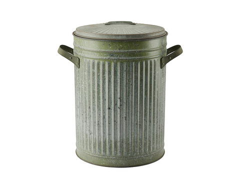 A vintage weathered green galvanized steel trash can isolated on a solid black background