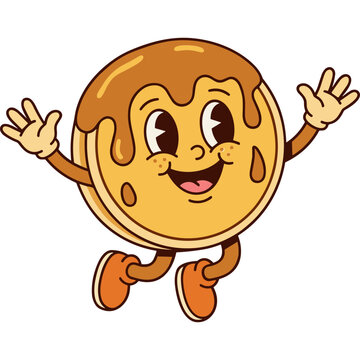 Happy cartoon pancake character with syrup in a vintage retro style jumping with joy
