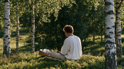 Obraz premium Sound engineer alone in a sun-dappled forest clearing with a vintage reel-to-reel field recorder mounted on a tripod, headphones on, restoring ambient nature recordings, birch