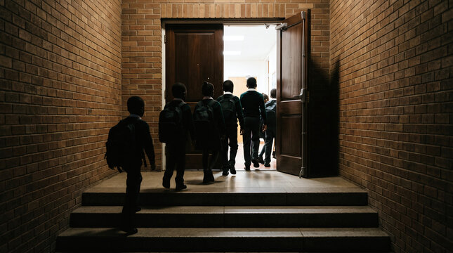 Silhouettes of schoolchildren entering school building