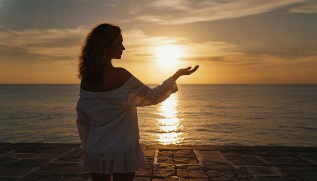 Silhouette of a woman in a white dress standing by the ocean at sunset, with the sun reflecting on the water and a stone pathway visible in the foreground