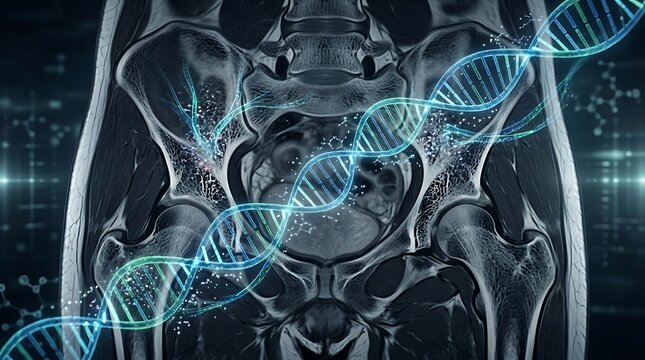 3D rendered MRI scan of human pelvis bones.