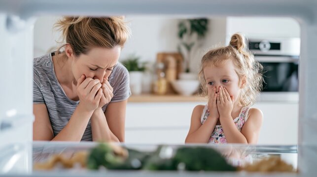 Mother and daughter reacting to bad smell from refrigerator, covering noses from spoiled food odor