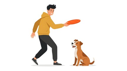 Naklejka premium Young Man Playing Frisbee Flying Disc with Dog Outdoor