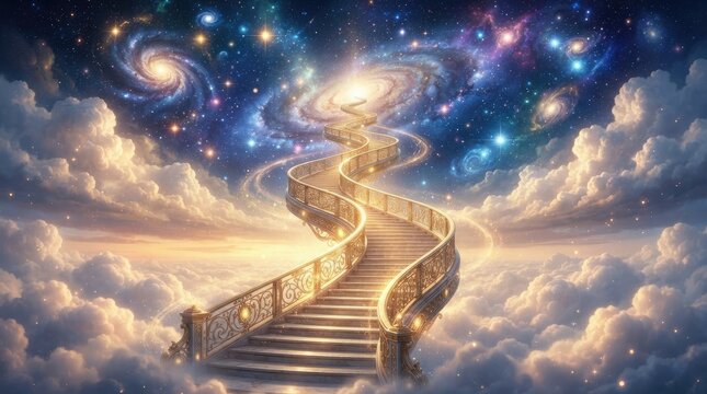 A majestic staircase ascends through a swirling, vibrant cosmos.