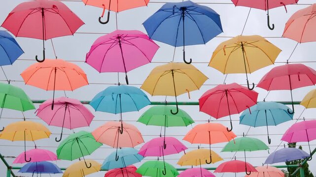 Multicolored umbrellas hanging high in the air as part of a cheerful outdoor installation, creating a vibrant ceiling over a city street during a public event or celebration