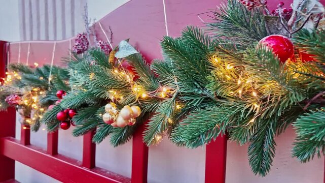 Decorative pine garland adorned with lights ornaments pinecones and mushroom figures for christmas.