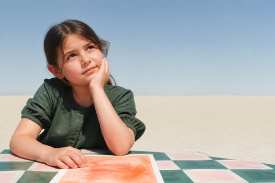 Thoughtful girl sketching at a desert table with open sky