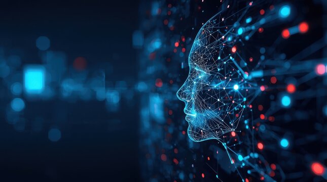 Artificial intelligence human head profile with digital neural network data connections.