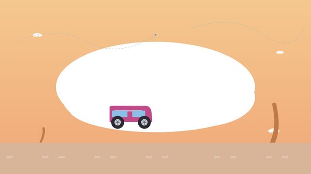 camper van driving through a flat landscape with clouds and leaves, sunset sky