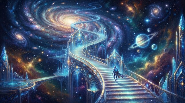 A lone figure walks along a grand, spiraling staircase that leads towards a celestial palace.