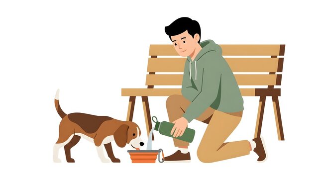 Young Man Pouring Water from Bottle into Bowl for Beagle Dog Near Park Bench