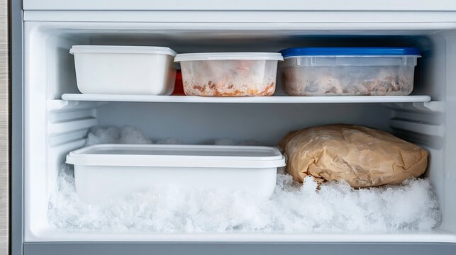 Freezer interior with ice buildup and various plastic food containers and a paper bag, demonstrating food preservation