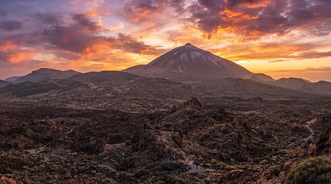 Teide volcano landscape at sunset with dramatic colorful sky over volcanic rocks
