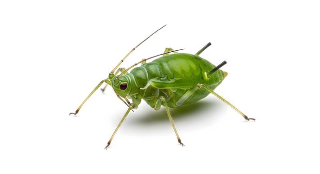 Green aphid insect isolated on white background with shadow close up macro shot of garden pest and plant parasite organism