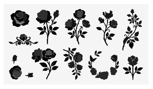 Black Rose Flower Silhouette Motif Decorative Vector Collection EPS 10