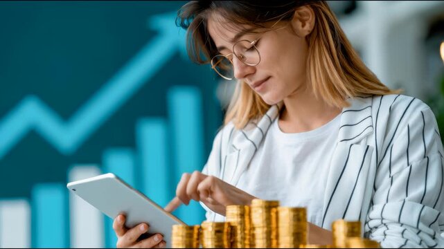 Smiling businesswoman uses a tablet beside rising coin stacks and a growth chart, representing investment, financial success, profit, and economic development