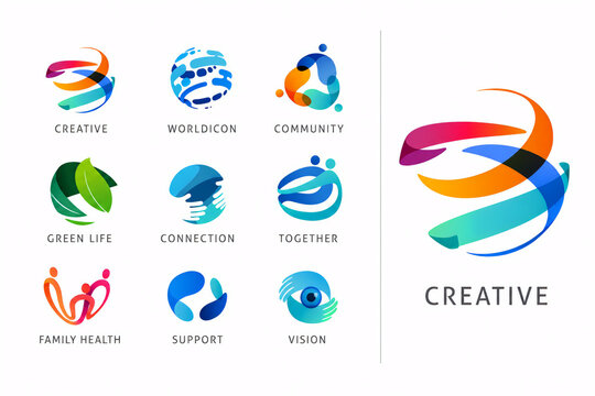 Logo set, creative, technology, biotechnology, tech icons concept design. Colorful abstract logos of creativity, community, ideas and support