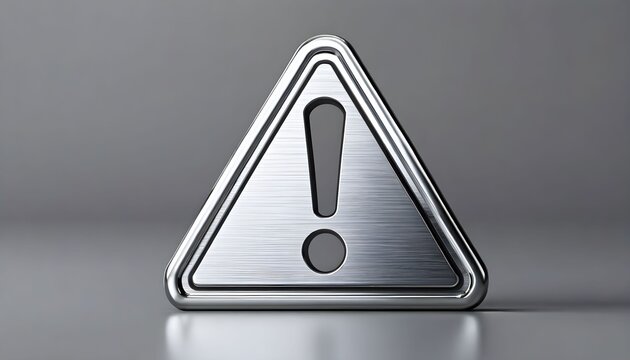 Minimalist warning triangle icon with circular exclamation mark on metallic surface