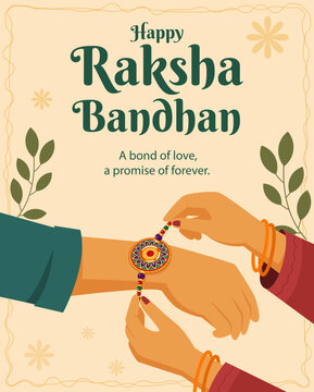 Happy Raksha Bandhan Greeting Card with Traditional Rakhi Ceremony and Sister Tying Rakhi on Brother&rsquo;s Wrist