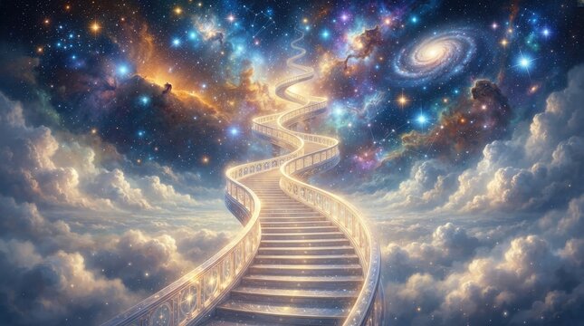 A majestic, spiraling staircase ascends through a vibrant, swirling nebula filled with galaxies and stars.