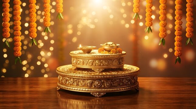 Traditional indian festive setup with golden tiered pedestals, diya lamp, and marigold flower garlands against a warm bokeh background