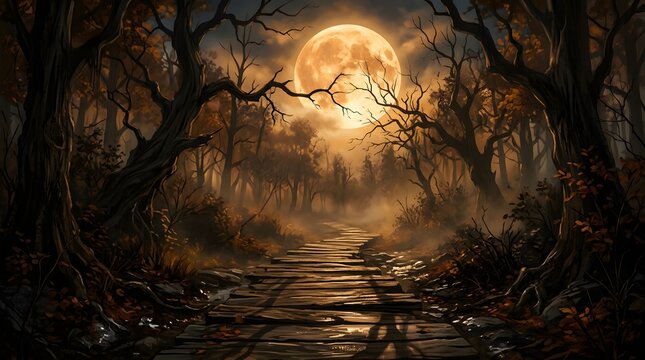 A spooky dark forest scene with a glowing full moon reflecting on a misty river at night