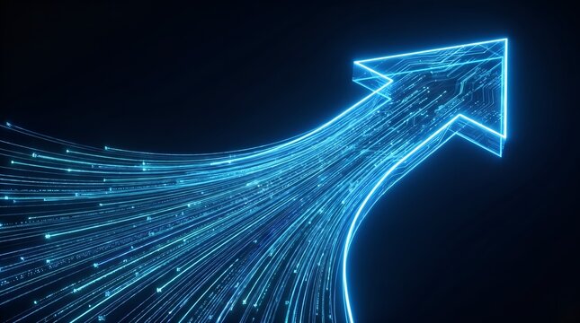 Strategic business growth concept showing massive glowing digital data arrow moving rapidly upward on dark background
