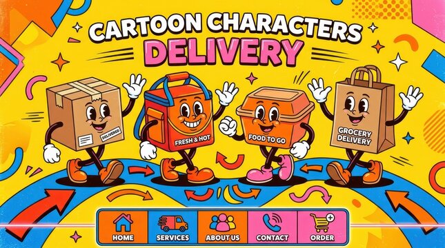 Retro Style Cartoon Delivery Characters Banner with Food Box, Thermal Bag, and Grocery Bag for Web Design