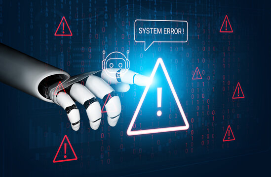 A robotic hand interacts with a digital warning sign indicating a system error. The backdrop features binary code and alert symbols, representing technology potential pitfalls. Cyphers