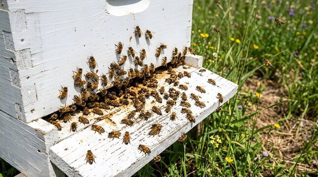 A swarm of honey bees entering a white wooden beehive box in a lush green summer meadow
