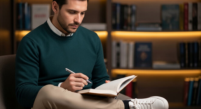 Man in a green sweater reading a book in a library, symbolizing intellect, knowledge, and personal growth, good for educational or self-improvement themes.