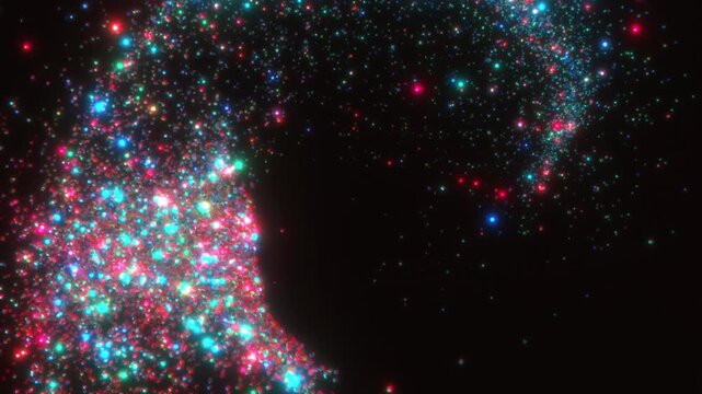 Glitching neon particles disperse across a dark void in a dynamic 3D animation visualising mental clutter and cognitive sensory overload