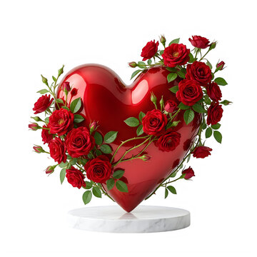 Red glossy heart shaped object adorned with a natural red roses and green leaves on a white marble pedestal.