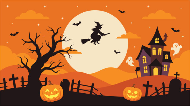 A spooky and delightful halloween scene a witch soars across a moonlit sky with haunted houses pumpkins and bats in a festive landscape
